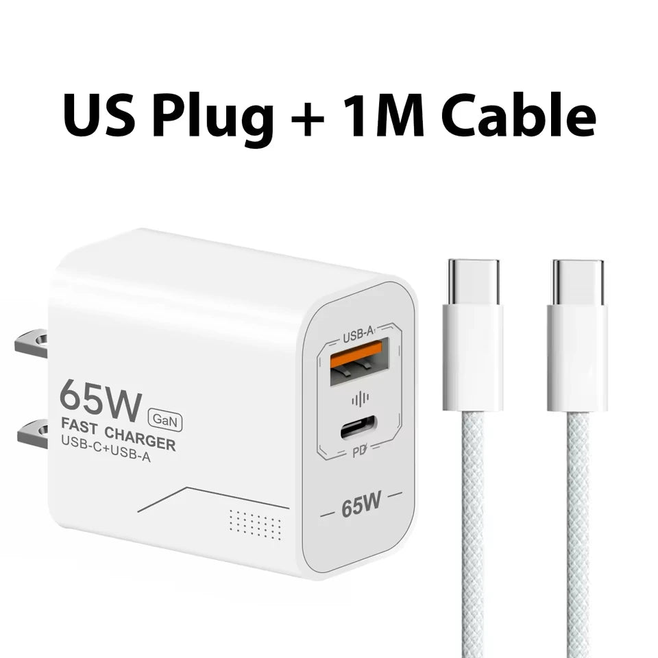 New 65W GaN USB C Charger 2-Port Fast Charging Charger Power Adapter For iPhone Samsung Xiaomi Type C EU/US Plug Wall Charger
