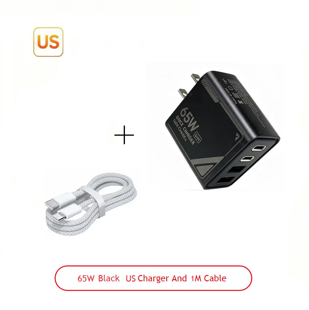 65W GAN Pattern Multi Port Travel Fast Charger Black Yellow White Optional EU US Plug Charging Kit with 1M Braided USB C Cable