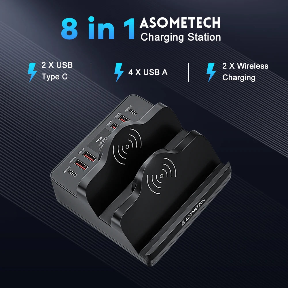 110W 6 Port USB Charger Station Dual Fast Wireless Charging 