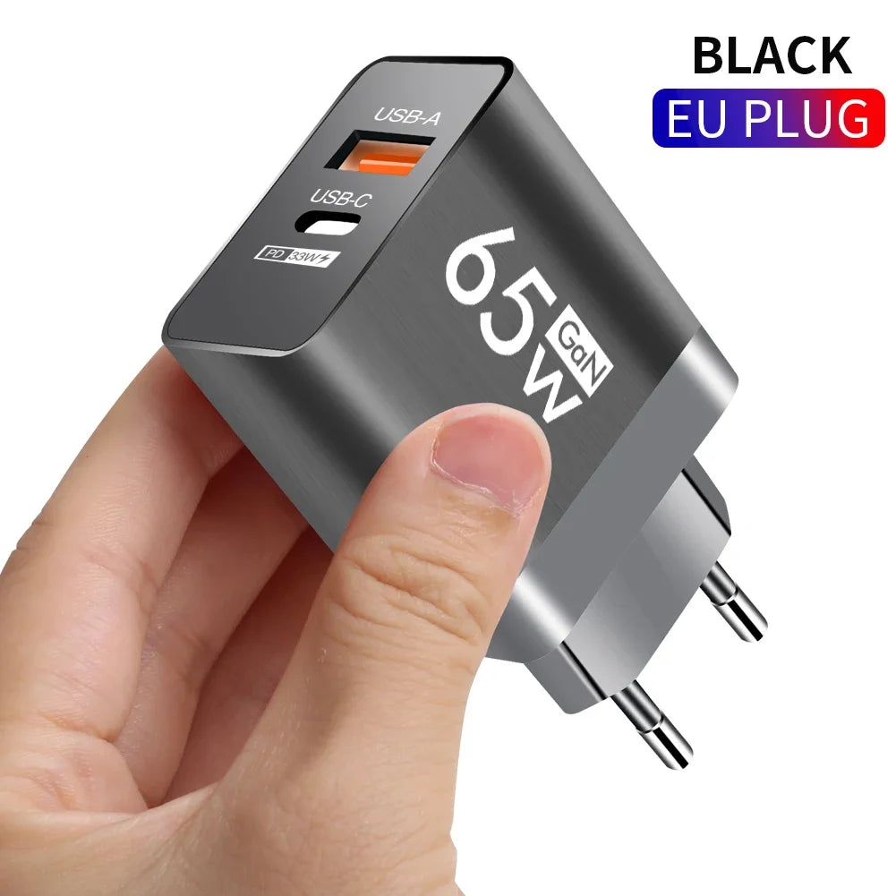 65W Type C USB GaN Charger US/EU Plug Quick Charge For iPhone Xiaomi Samsung Huawei Fast Charging 2 Ports Mobile Phone Adapter