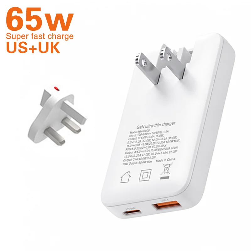 TINSOL 65W Ultra-thin Gallium Nitride Charger USA/EU/Korea/UK USB-C Dual Port Fast Charging Multi-country Travel Plug