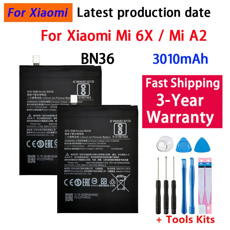 100% BN36 3010mAh Battery For Xiaomi Mi 6X Mi6X Mi A2 MIA2 B