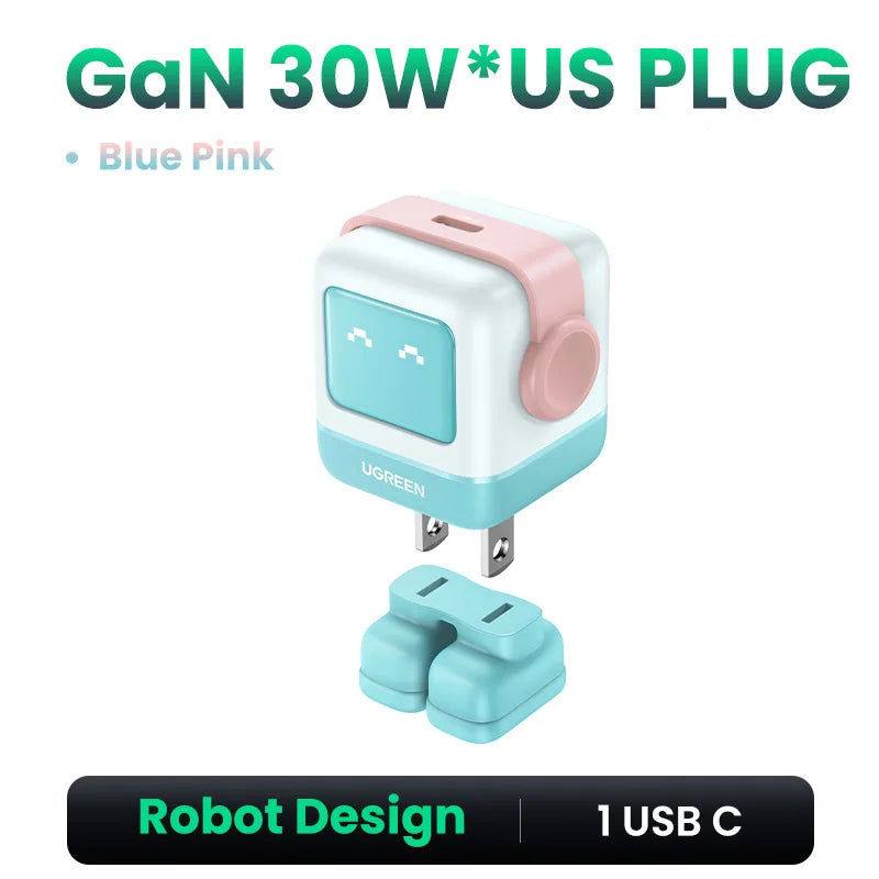 US Plug UGREEN 65W 30W GaN Charger Robot Design PD3.0 Fast Charger QC4.0 3.0 PPS for iPhone 18 17 16 Pro Macbook Laptop Table