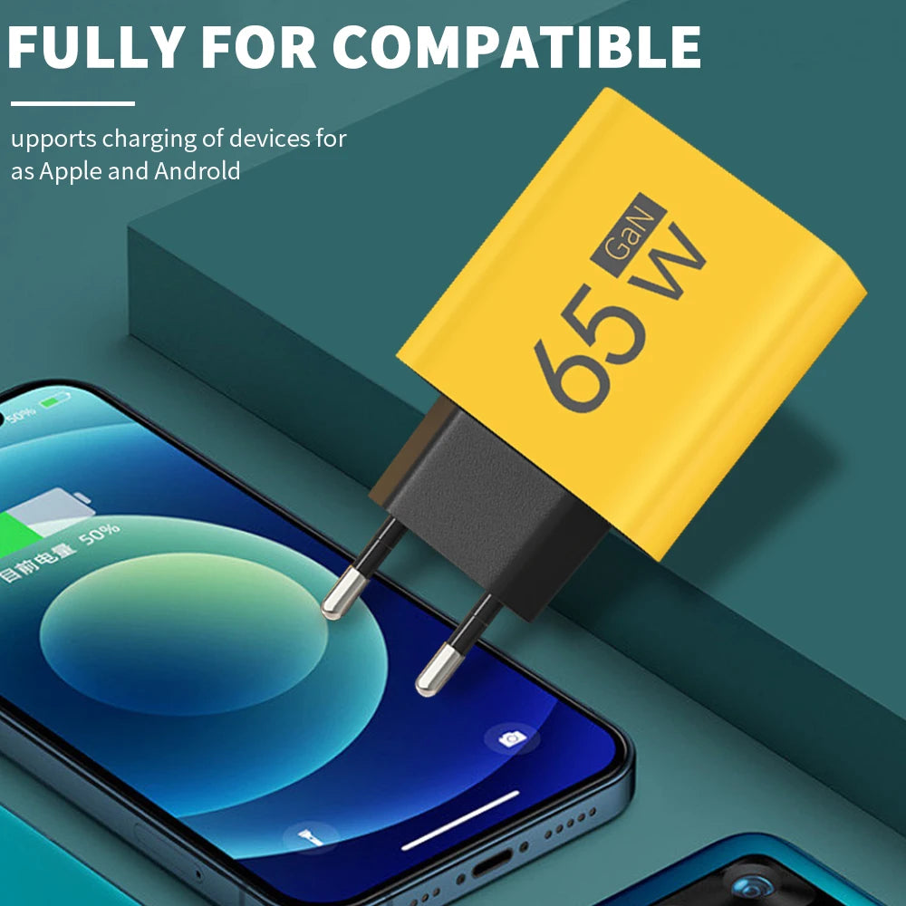 65W GaN USB Charger Type C PD 3 Ports Fast Charging Cellphon