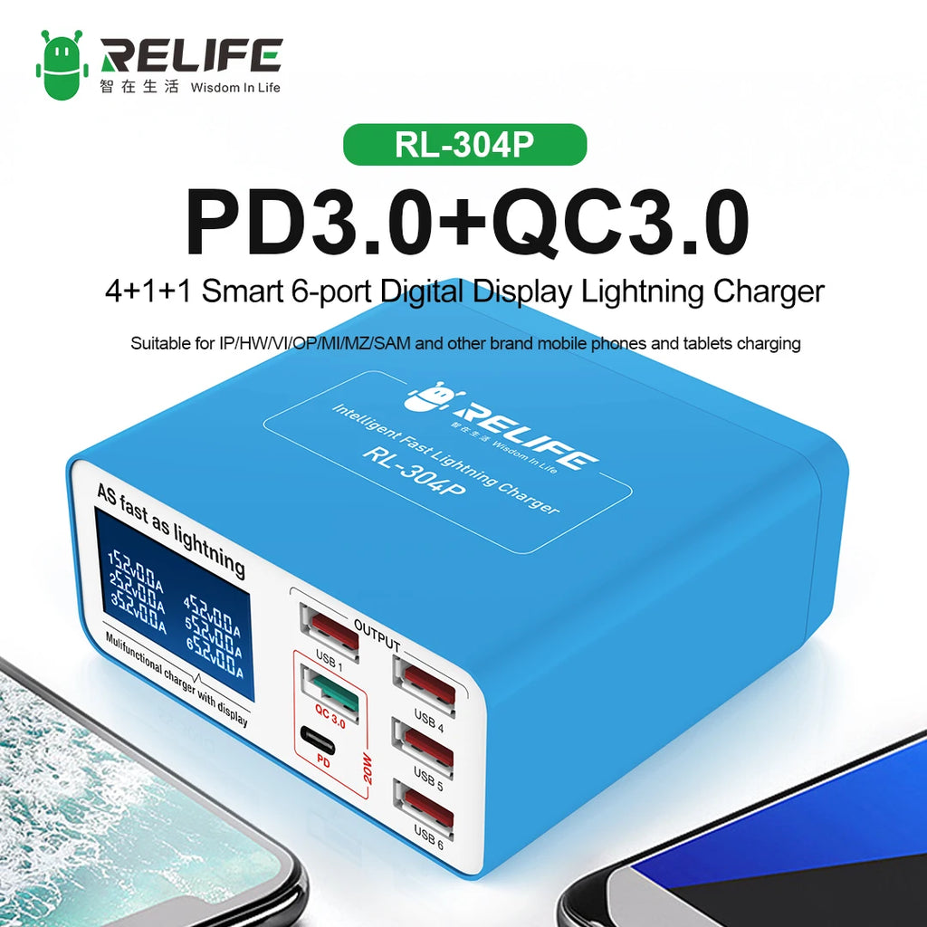 RELIFE RL-304N 87W PD+QC 3.0 USB Charger with LCD Display 6 Ports Desktop Mobile Phone Charger Smart Fast Charging for Tablet PC