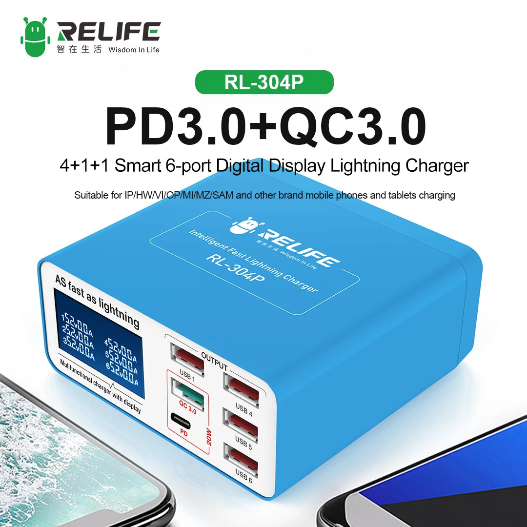 RELIFE RL-304N 87W PD+QC 3.0 USB Charger with LCD Display 6 Ports Desktop Mobile Phone Charger Smart Fast Charging for Tablet PC