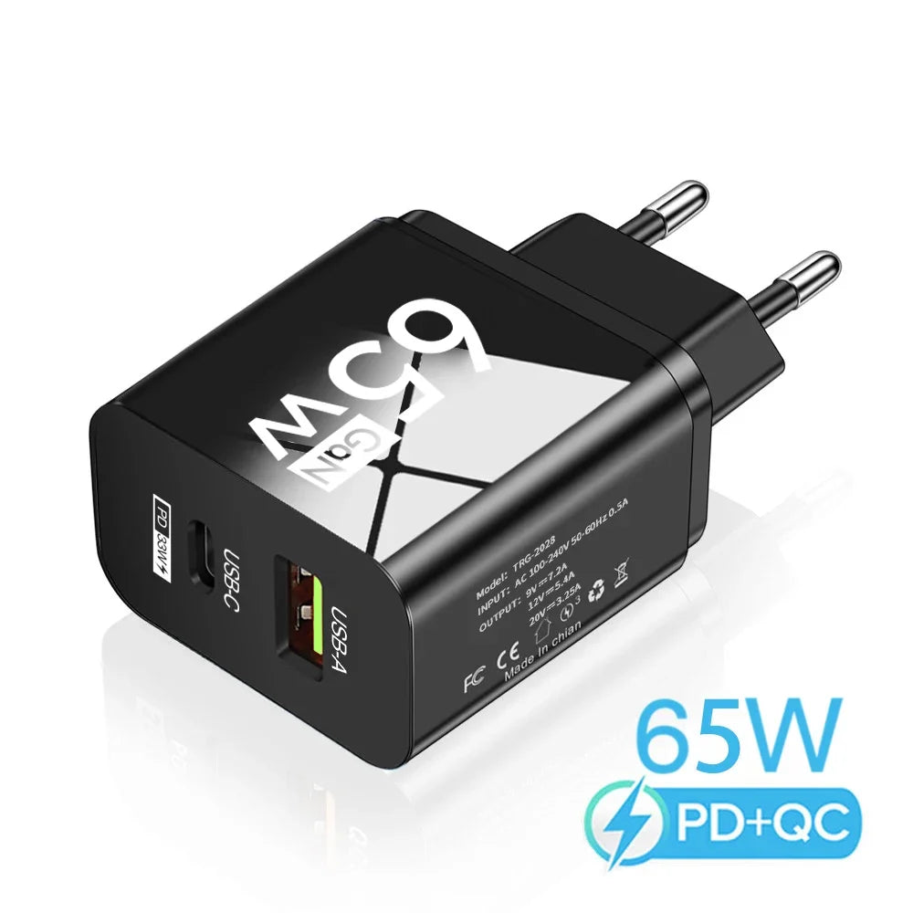 65W GaN USB C Charger Dual Port PD3.0 QC3.0 Fast Wall Adapter Type-C USB-A for iPhone Samsung Xiaomi Laptop EU US Plug Travel