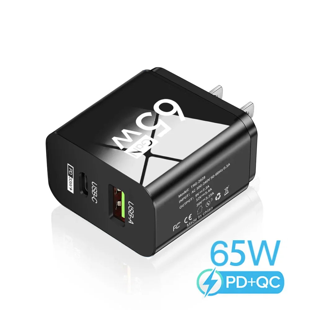 65W GaN USB C Charger Dual Port PD3.0 QC3.0 Fast Wall Adapter Type-C USB-A for iPhone Samsung Xiaomi Laptop EU US Plug Travel