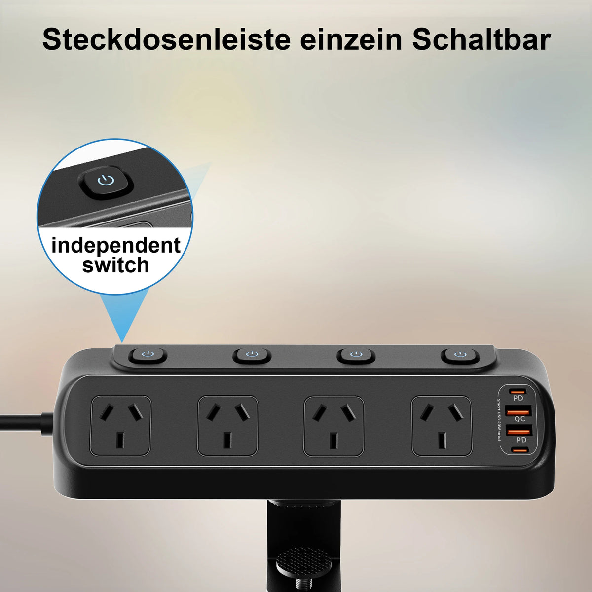 AU Plug Desk Clamp power board with 4 AC outlets 2 USB A and