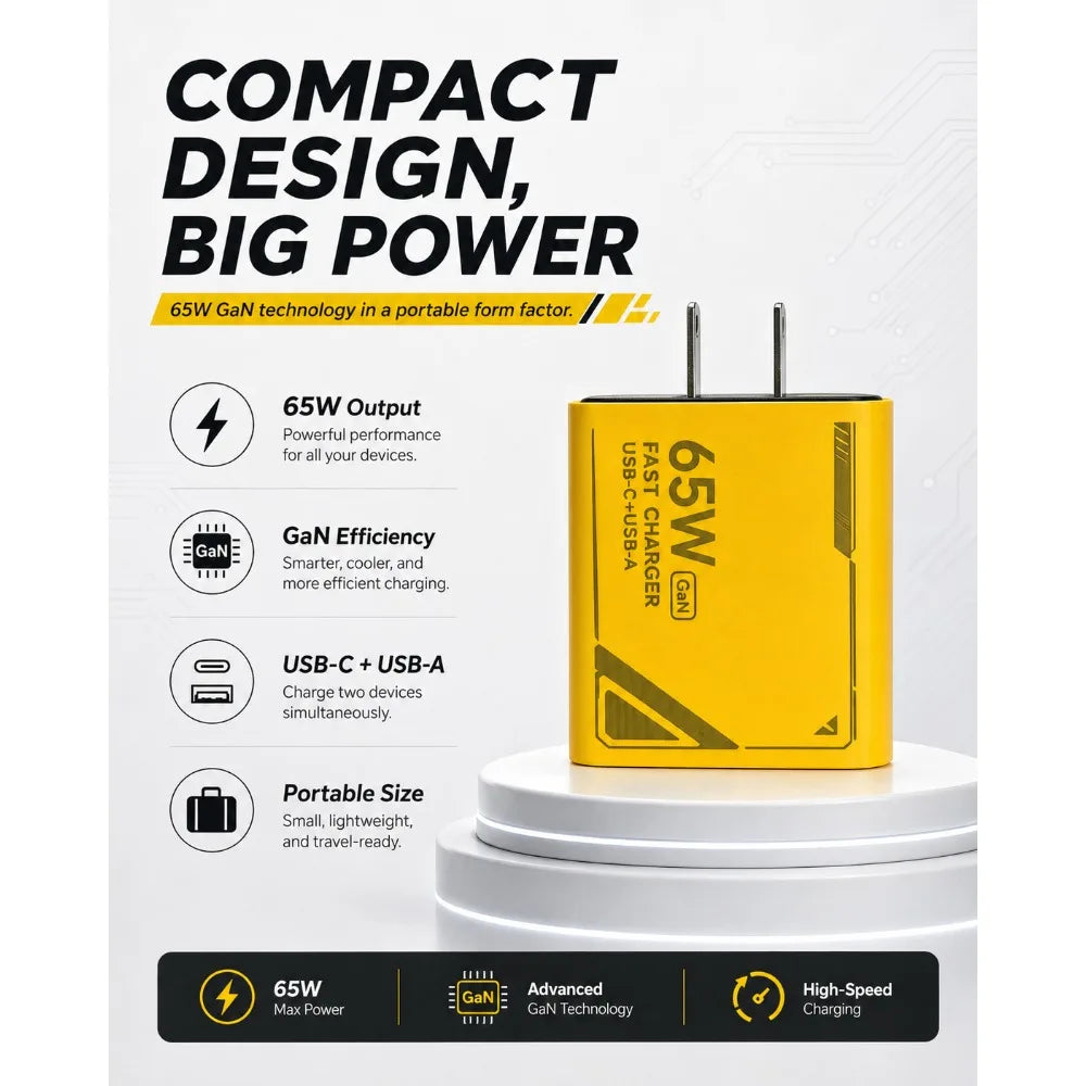 65W GAN Pattern Multi Port Travel Fast Charger Black Yellow 