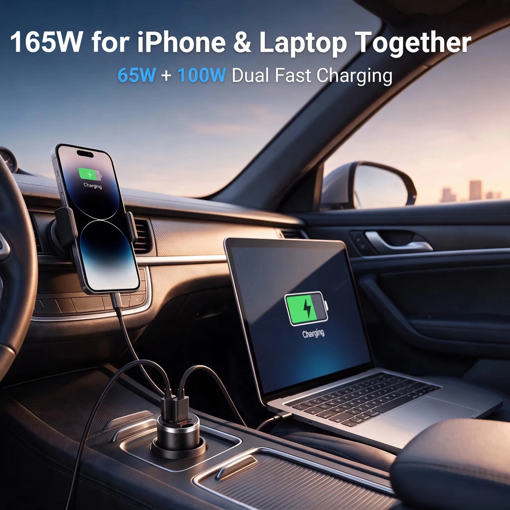 165W Travel Car Charger Dual Port 65W USB C and 100W USB A O