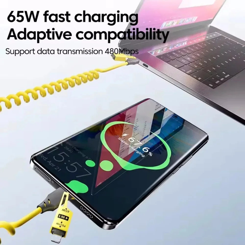 65W Spring Short Data Cable 6A USB Type C 4 in 1 Spring Tele