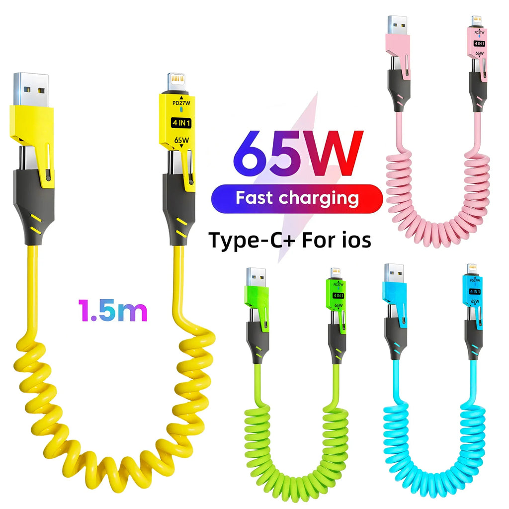 65W 4 in 1 Spring Short Data Cable 6A USB Type C Spring Tele