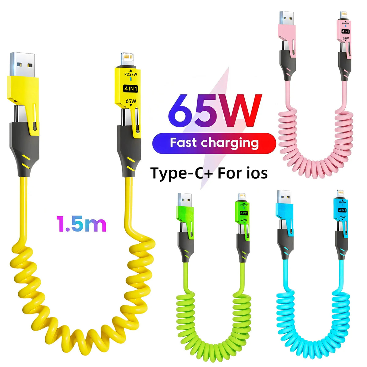 65W 4 in 1 Spring Short Data Cable 6A USB Type C Spring Tele