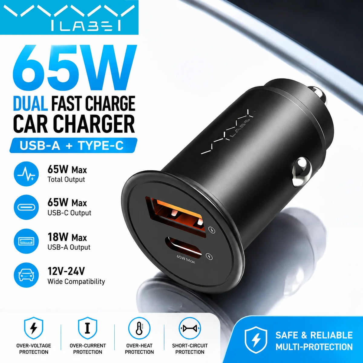 Vyvylabs 65W Car Charger Zinc Alloy Mini USB-A Type-C Fast C