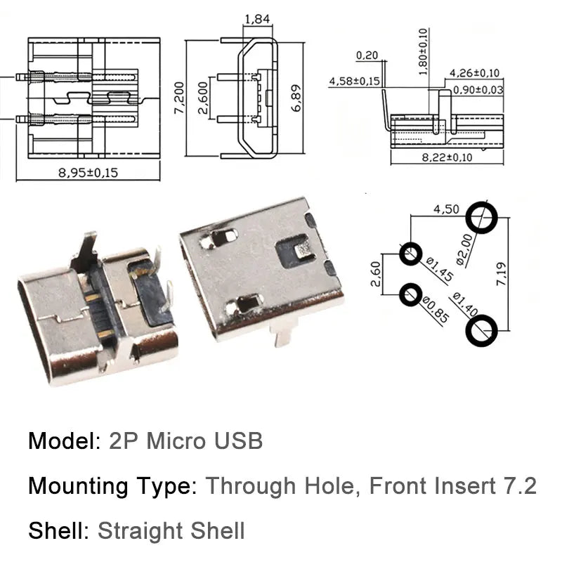 10PCS Micro USB Android Female Charging Socket Flat Edge Crimped Type 5Pin 4 Mounting Pins SMD & DIP Tail Connector