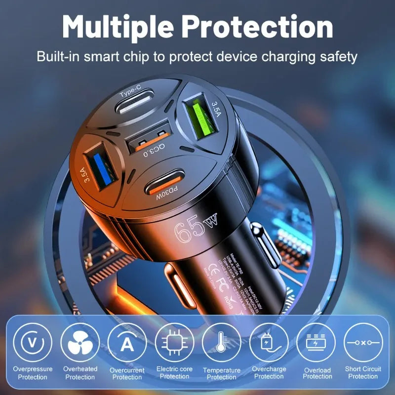 5 Port 65W USB Car Chargers Type C Car Charger Fast Charging