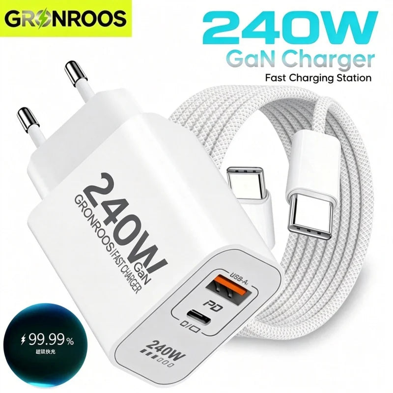240W GaN PD USB C Charger For iPhone 17 16 15 14 13 12 Pro M