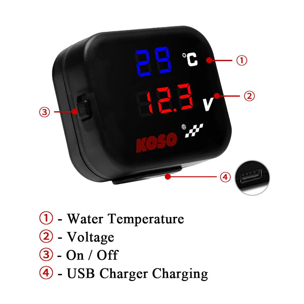 KOSO Water Temp Meter Voltmeter Gauge Motorcycle Phone USB C
