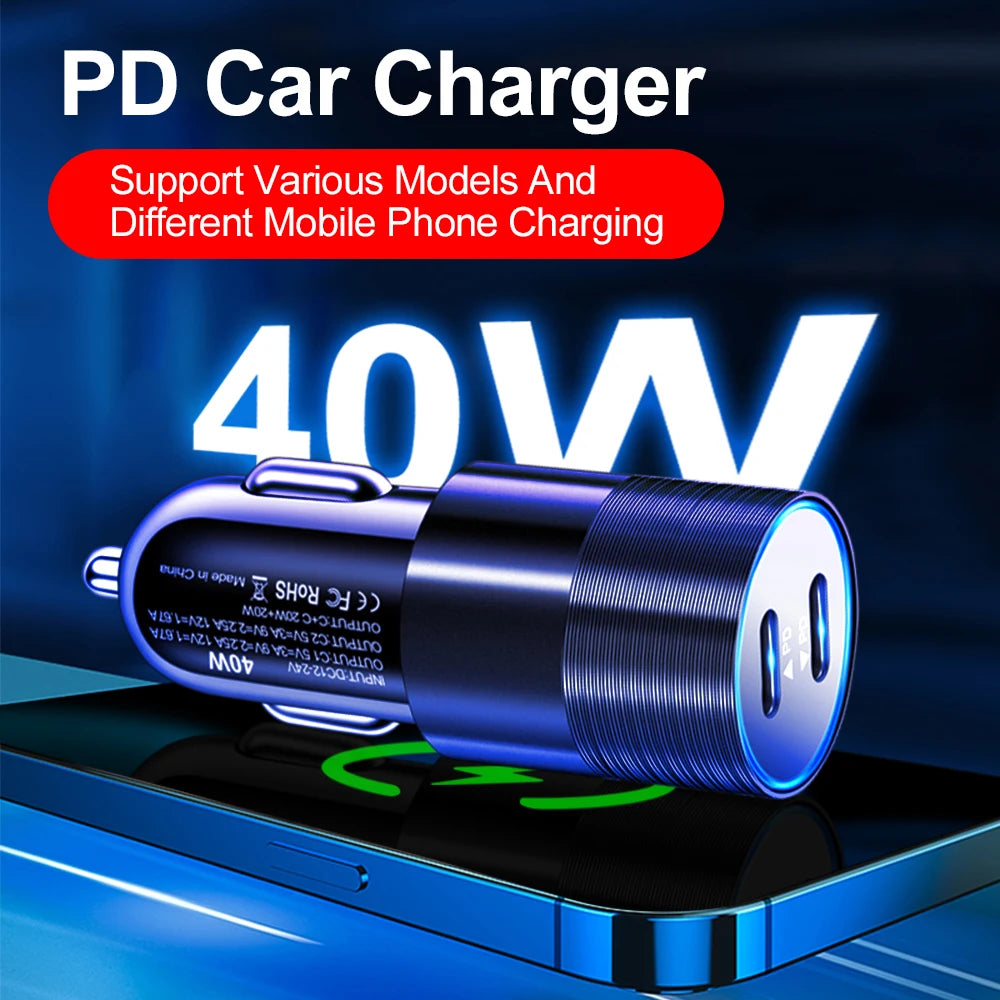 PD Car Charger Adapter 40W Fast Charging Type C USB PD Quick
