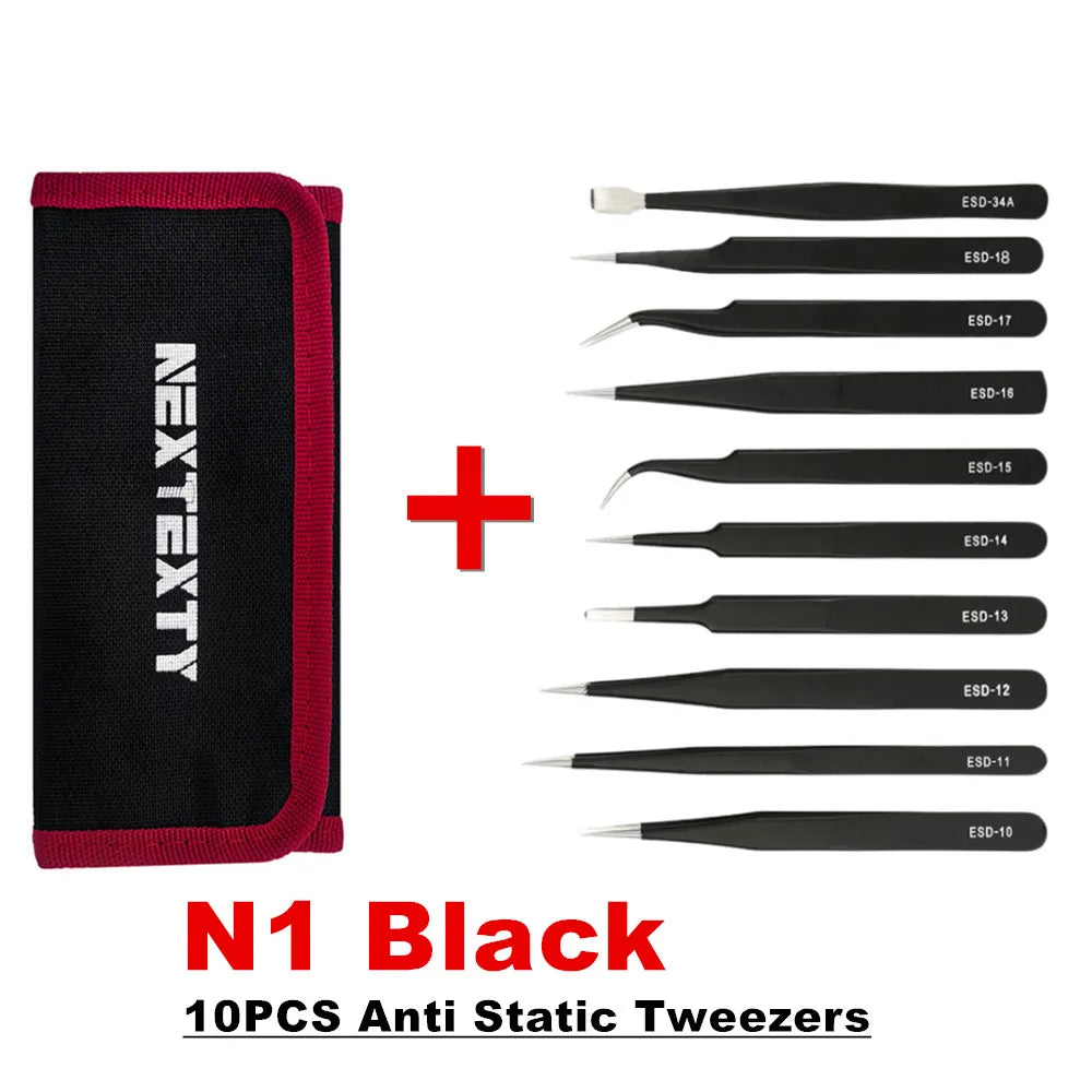10Pcs Tweezers Set With Bag Industrial Electronic ESD Stainless Steel Anti-Static Precision Tweezer Kits Phone Repair Hand Tools