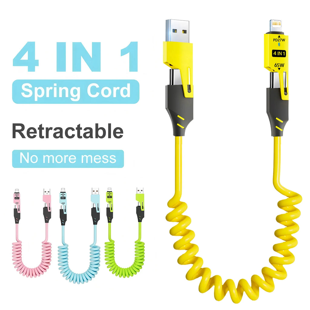 65W 4 in 1 Spring Short Data Cable 6A USB Type C Spring Tele
