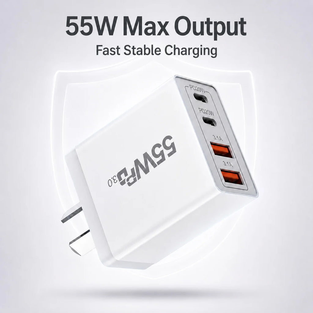 AU Plug 55W USB C Fast Charger 4 Port PD20W QC3.0 Wall Charg