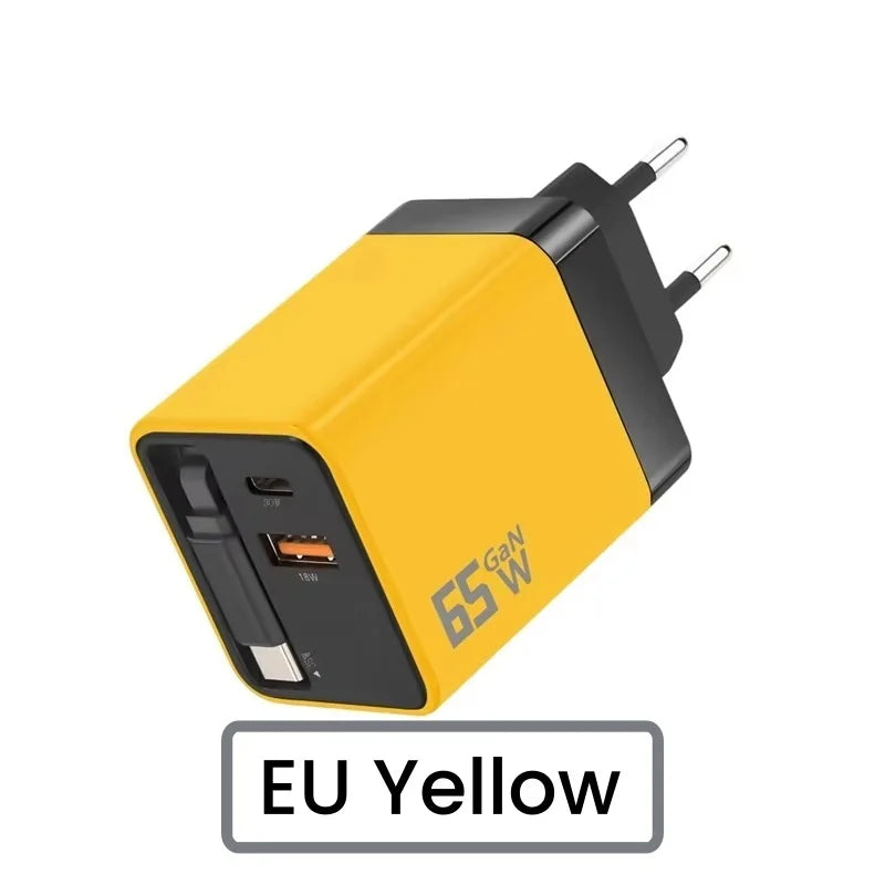65W GaN PD USB-C Charging Head Fast Charger With Built-in 80cm TypeC Cable Suitable for iPhone16 15 Promax NEW 2025