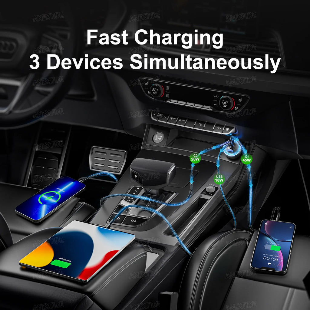 USB C Car Charger 3-Port 67W Dual USB-C & USB-A Car Power Ad
