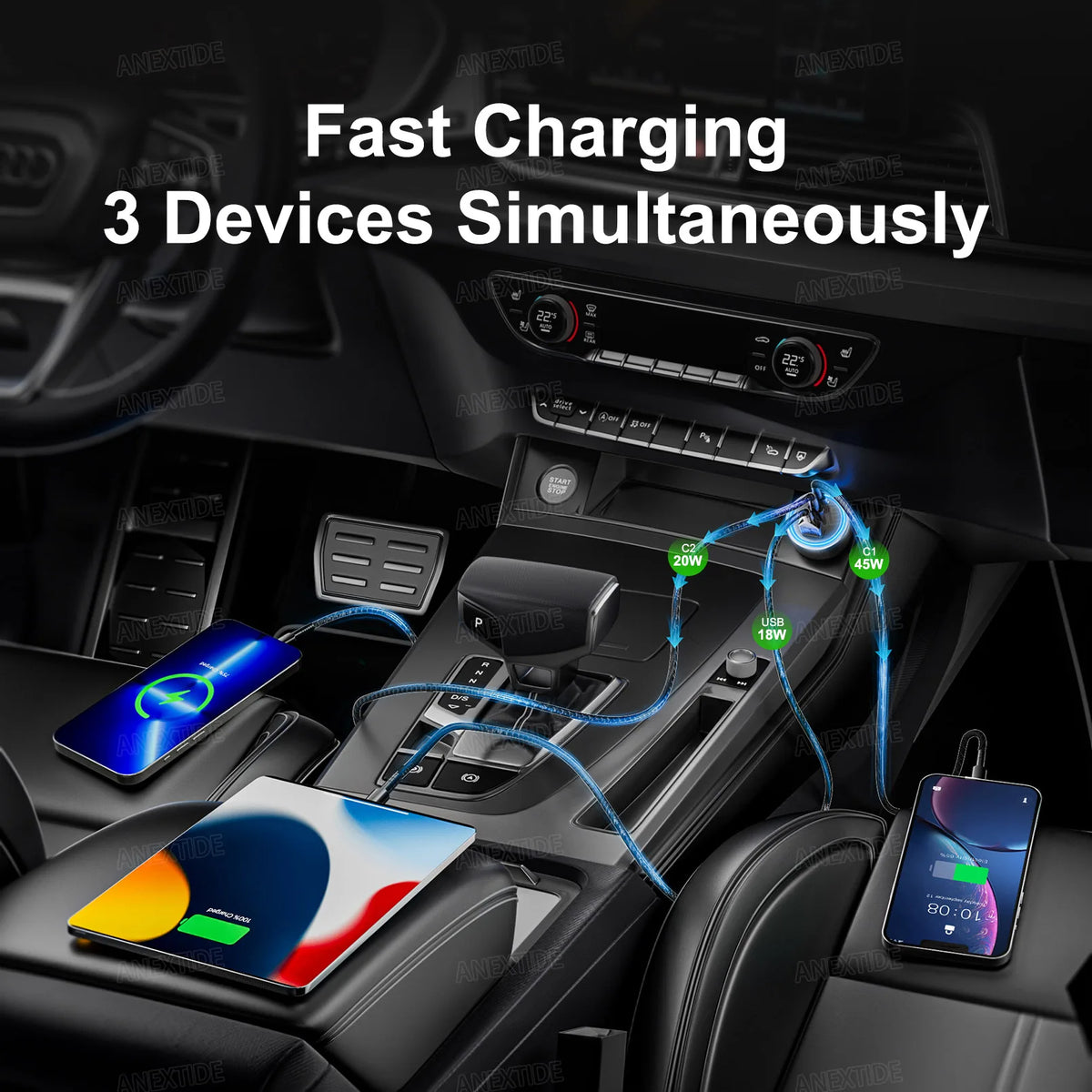 USB C Car Charger 3-Port 67W Dual USB-C & USB-A Car Power Ad
