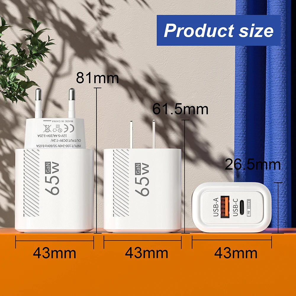 GaN 65W Dual Ports Charger 2 In 1 EU/US Plug USB Type C QC3.