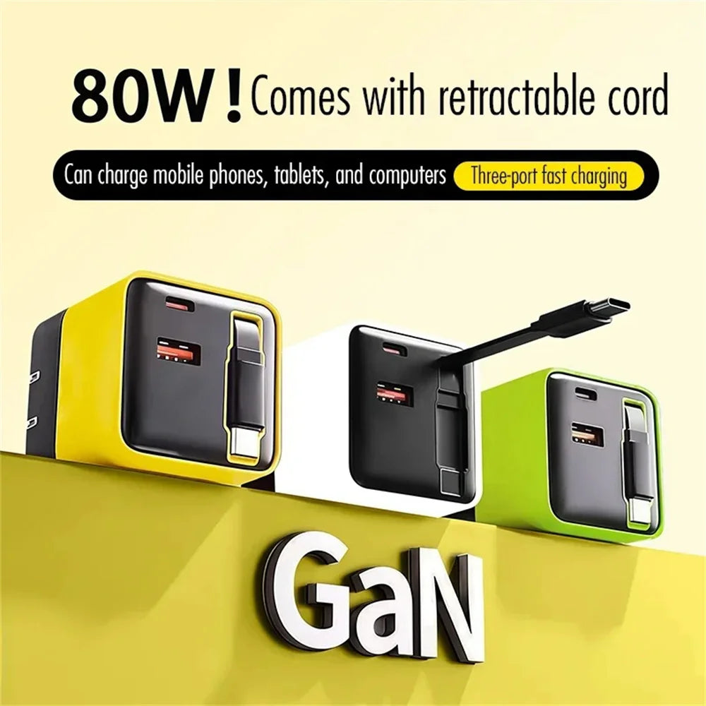 80W GaN USB C Fast Charger Retractable Cable Phone Charger A