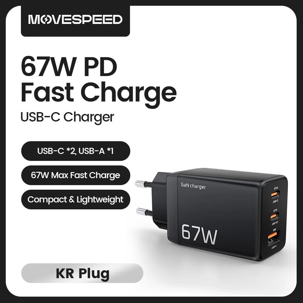 MOVESPEED 67W USB-C Charger Fast Charging 65W PD Type C PPS GaN Charger Adapter for iPhone 16 Pro MacBook Air Samsung S24 Huawei