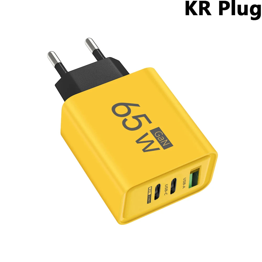 65W GaN USB C PD Fast Charger QC 3.0 Wall Adapter for iPhone 17 16 Pro Max Samsung Xiaomi Huawei EU US KR Plug Quick Charge 3.0