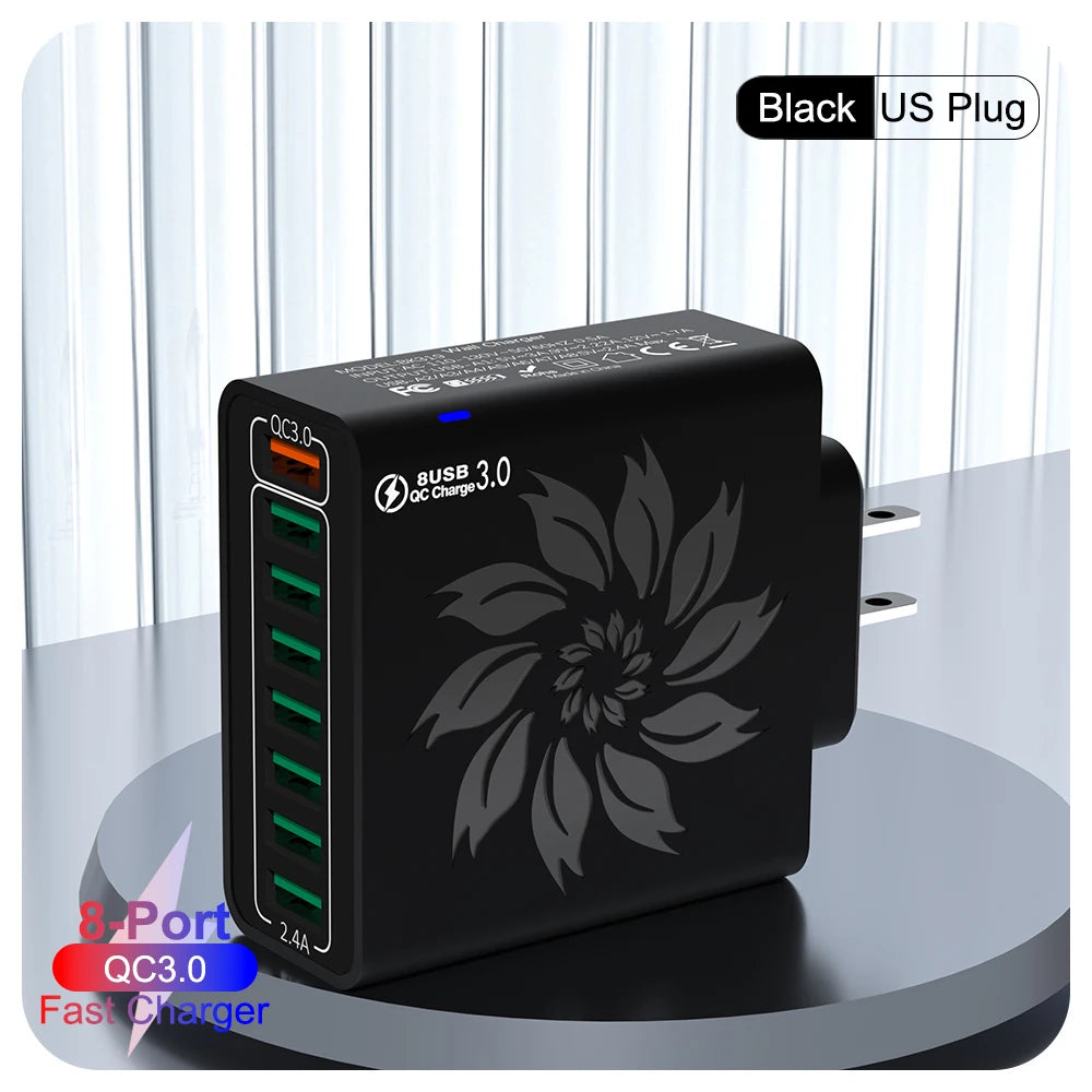 8 in 1 USB QC 5.0 Charger Fast Charging EU/US/KR Plug 65W Quick Charge Power Adapter For iPhone 15 Xiaomi Samsung Travel Charger