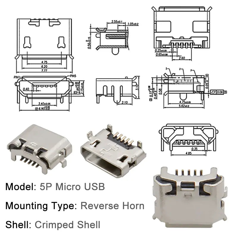 10PCS Micro USB Android Female Charging Socket Flat Edge Crimped Type 5Pin 4 Mounting Pins SMD & DIP Tail Connector
