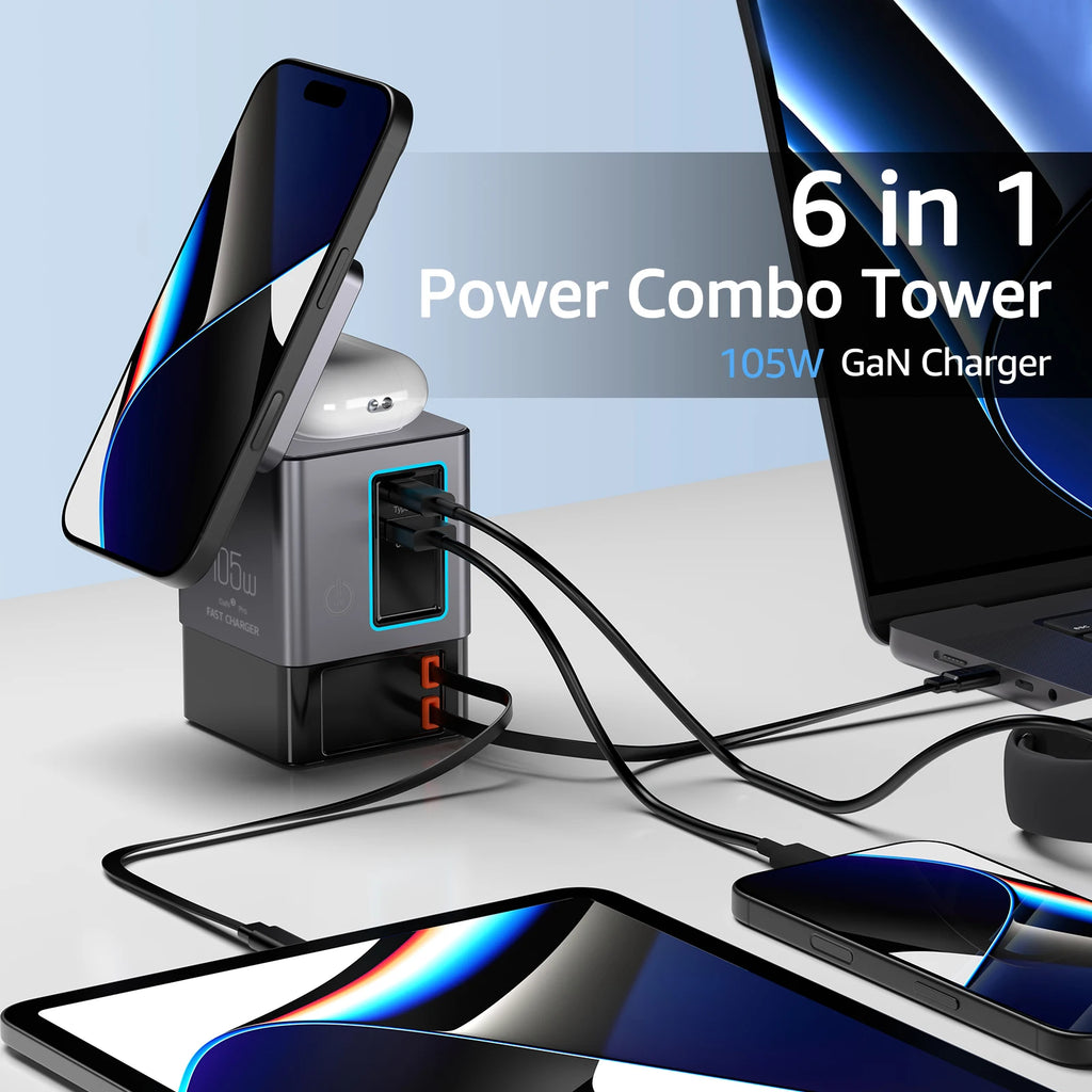 6-in-1 Charging Station with Retractable USB-C Cable Power C