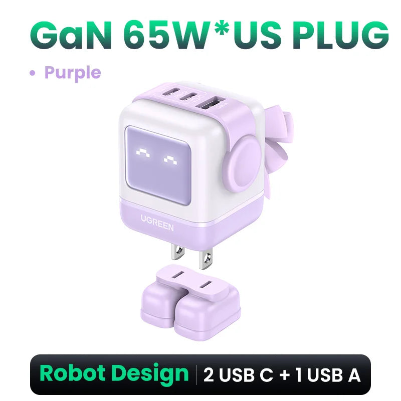 US Plug UGREEN 65W 30W GaN Charger Robot Design PD3.0 Fast Charger QC4.0 3.0 PPS for iPhone 18 17 16 Pro Macbook Laptop Table