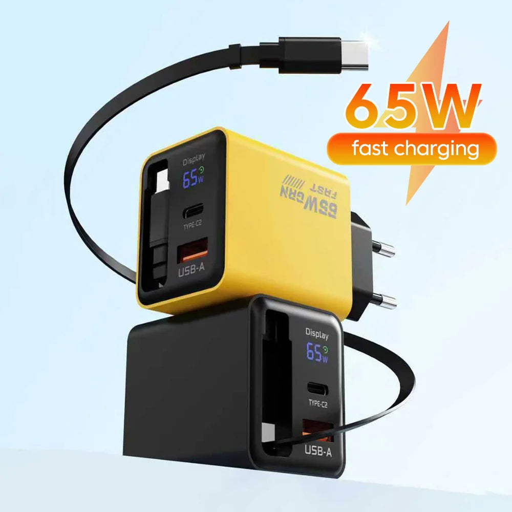 65W GaN USB Phone Charger With Retractable Type C Cable Supe