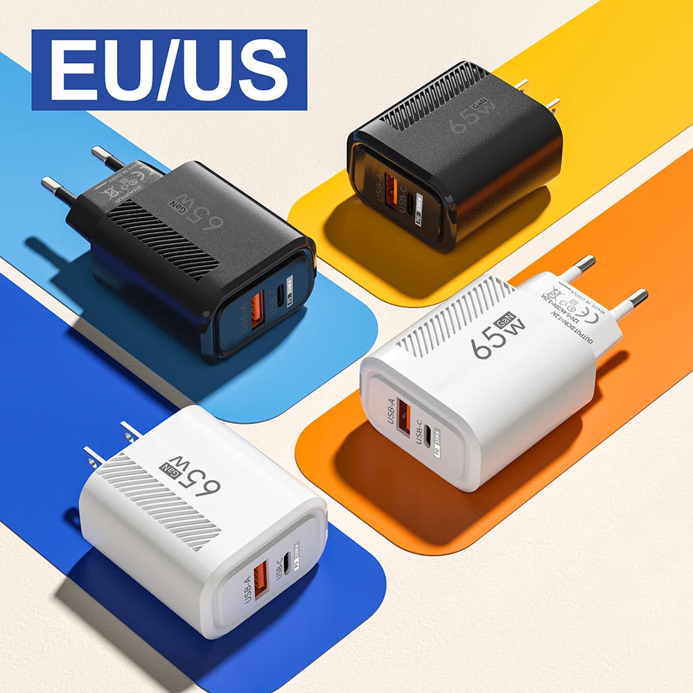 65W USB-C Charger GaN Fast Charging PD Type C Cable Mobile P