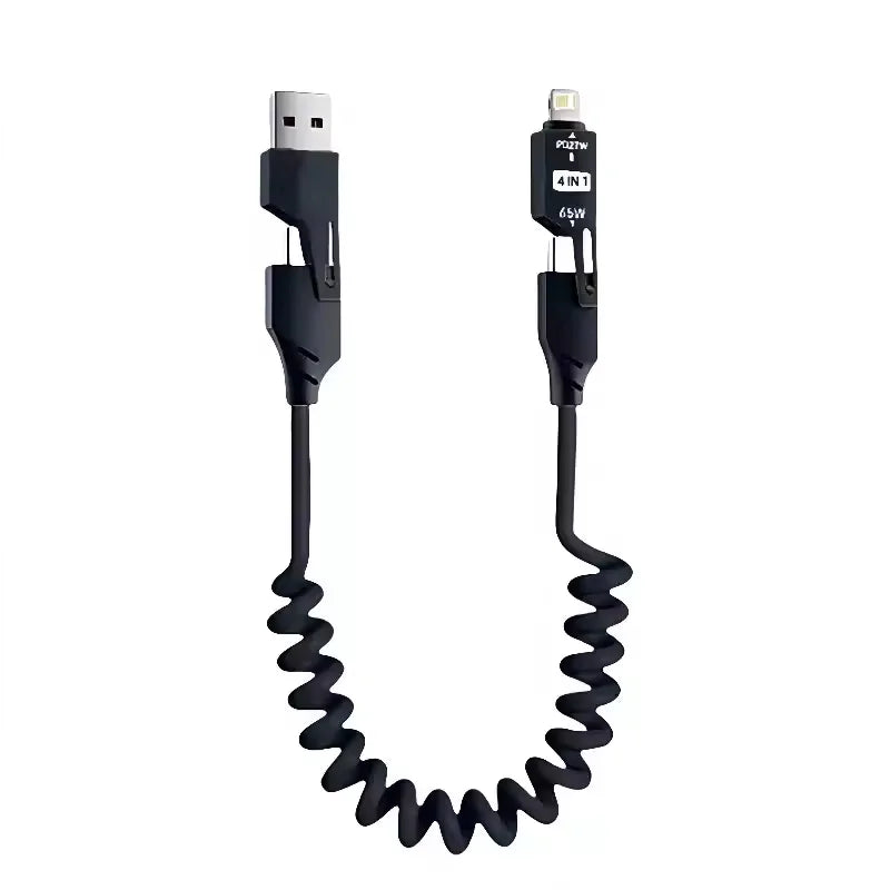 4 in 1 65W Spring Short Data Cable 6A USB Type C Spring Telescopic Quick Charger Wire Spring USB Cable for iPhone 15 14 13 12