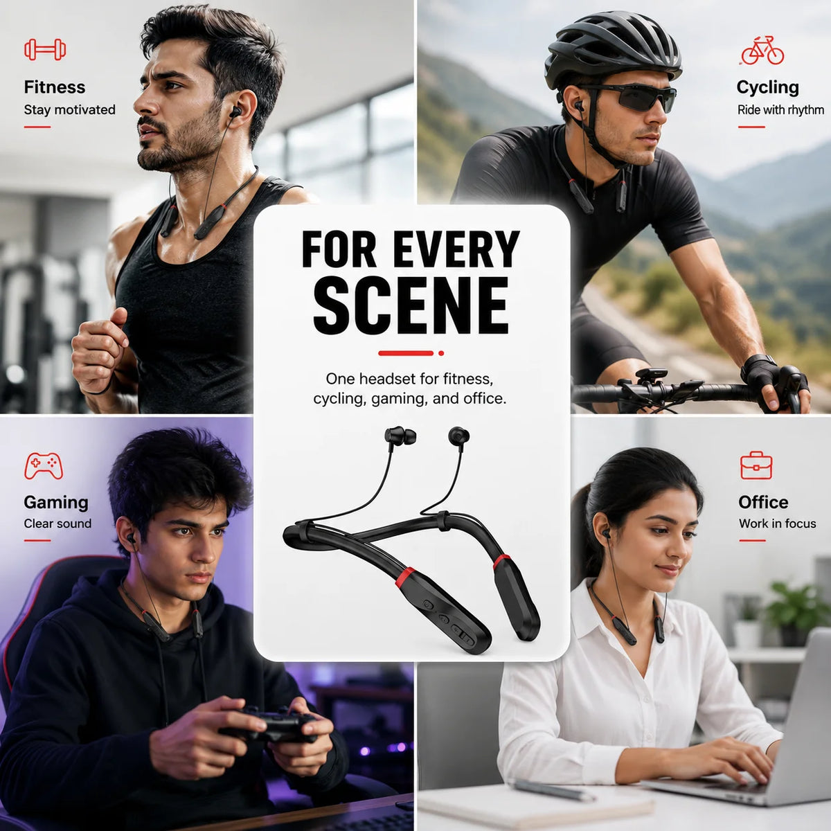 Bluetooth 5.4 Neckband Wireless Earbuds with Mic 100H Standb