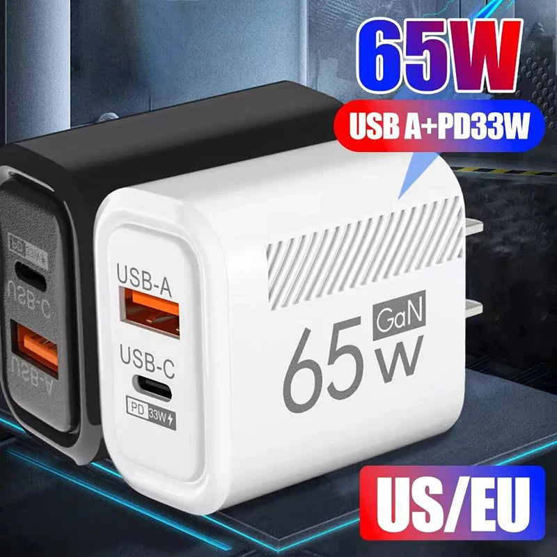 65W GaN Fast Charging USB Type C Charger US EU Plug PD 3.0 Q