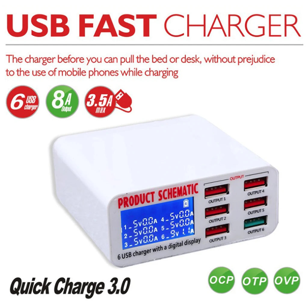 8A QC3.0 USB Charger with LCD Display 6 Ports Desktop Mobile