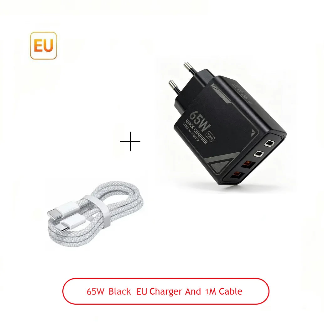65W GAN Pattern Multi Port Travel Fast Charger Black Yellow White Optional EU US Plug Charging Kit with 1M Braided USB C Cable