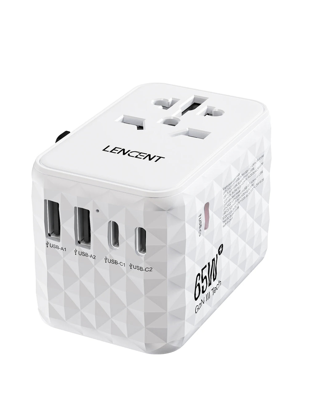 LENCENT 65W GaN Universal Travel Adapter with 2 USB 3 Type C Fast Charging All-in-one Travel Charger EU/UK/USA/AUS for Travel