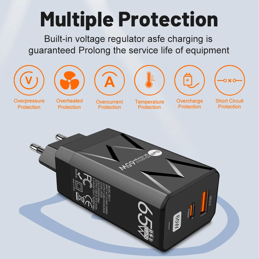 PD 65W GaN Charger for Ipad Laptop USB Type C Super Fast Cha