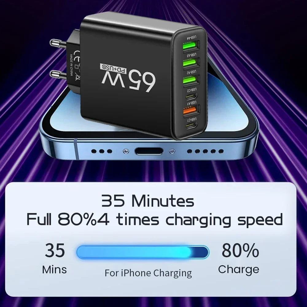 6 Ports 65W USB PD Charger Fast Charging Type C Phone Charge