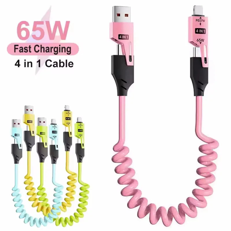 4 in 1 65W Spring Short Data Cable 6A USB Type C Spring Tele