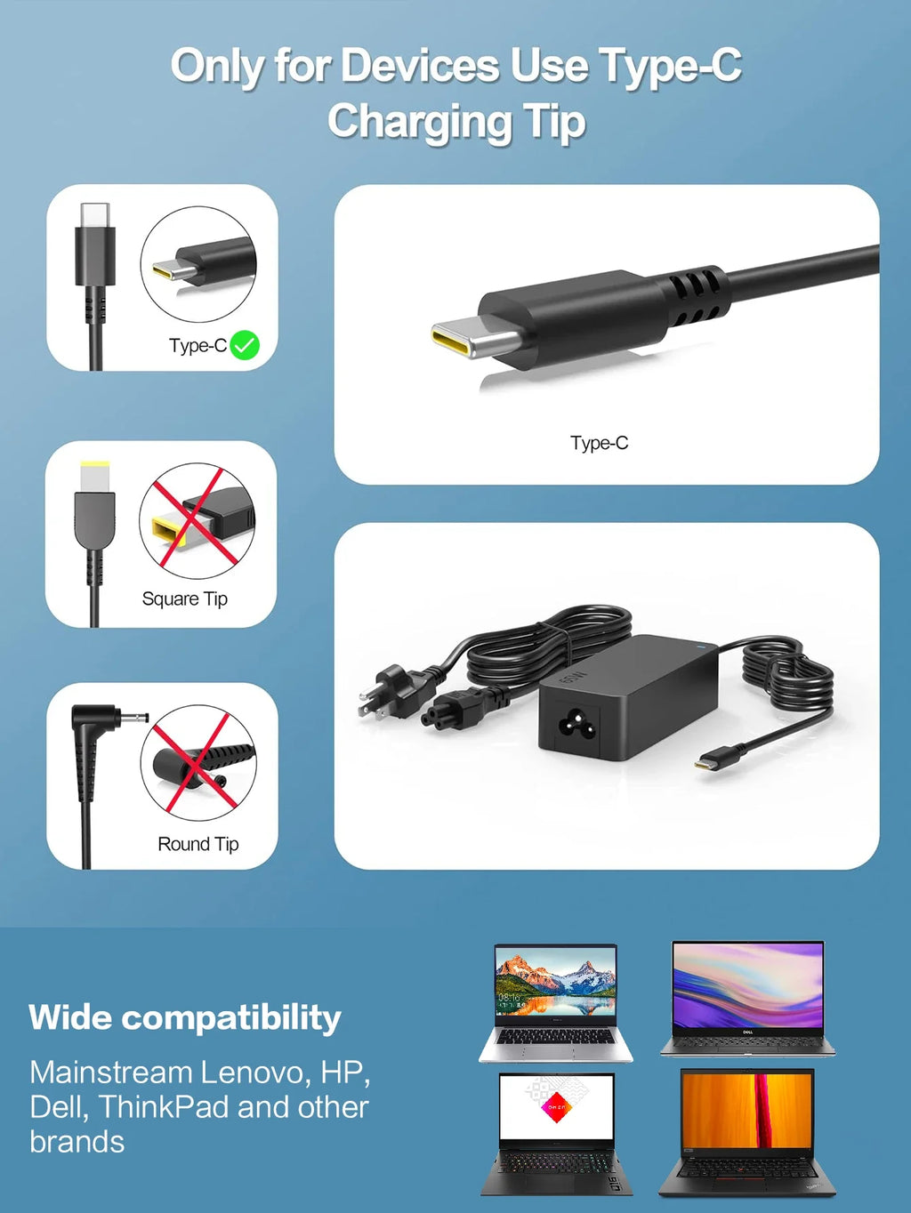65W USB C Laptop Charger Power Adapter for Lenovo ThinkPad H